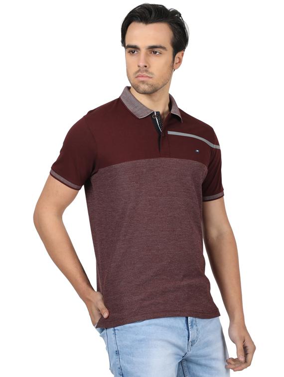 maroon color block cut & sew polo t-shirt - 17617564 - Zoom Image - 2