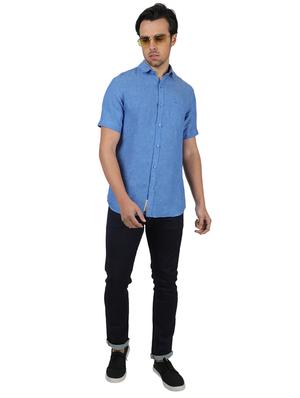 blue solid linen casual shirt - 17617595 - Standard Image - 4