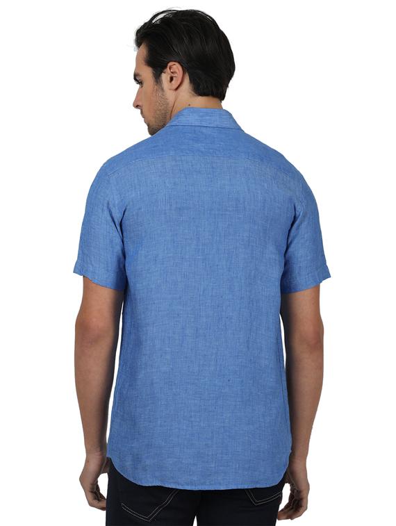 blue solid linen casual shirt - 17617595 - Zoom Image - 3