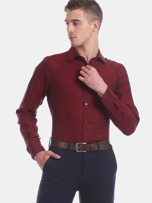 maroon solid linen formal shirt - 17617838 - Standard Image - 1