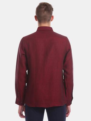 maroon solid linen formal shirt - 17617838 - Standard Image - 3