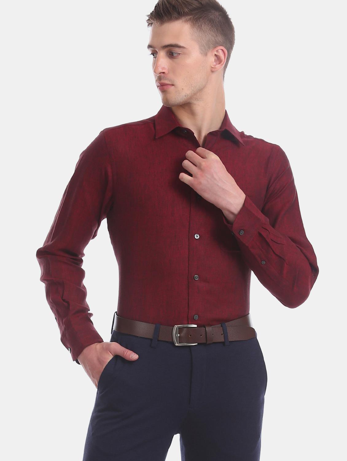 maroon solid linen formal shirt - 17617838 - Zoom Image - 1