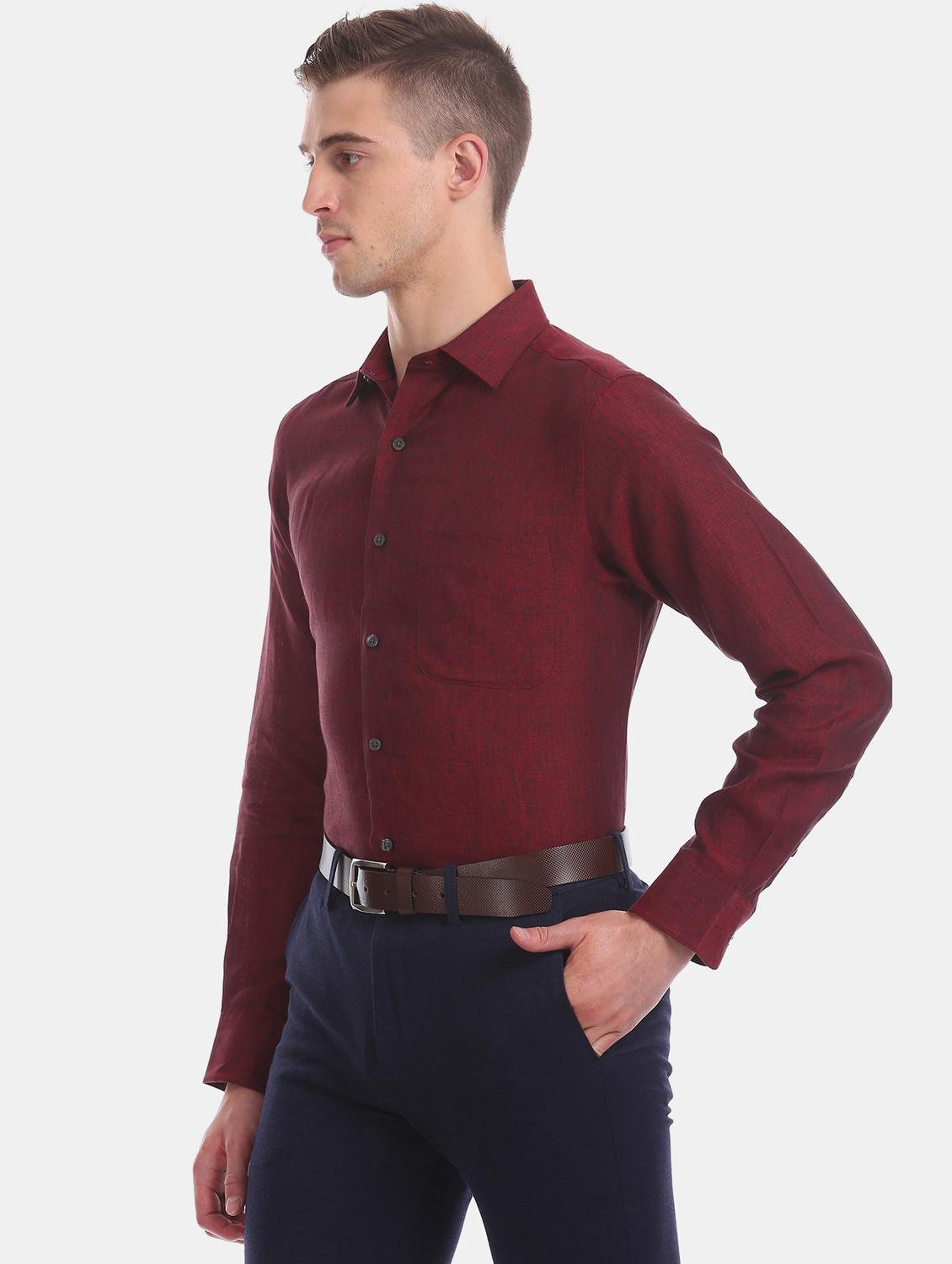 maroon solid linen formal shirt - 17617838 - Zoom Image - 2