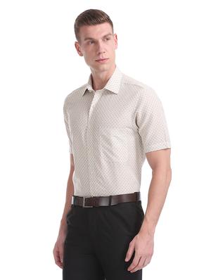 beige printed linen formal shirt - 17618105 - Standard Image - 2