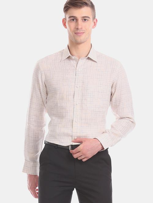 beige checkered linen formal shirt - 17618290 - Standard Image - 1
