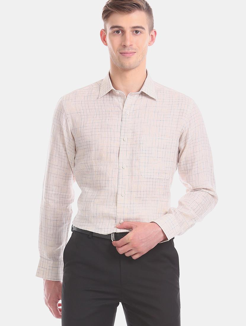 beige checkered linen formal shirt - 17618290 - Zoom Image - 1