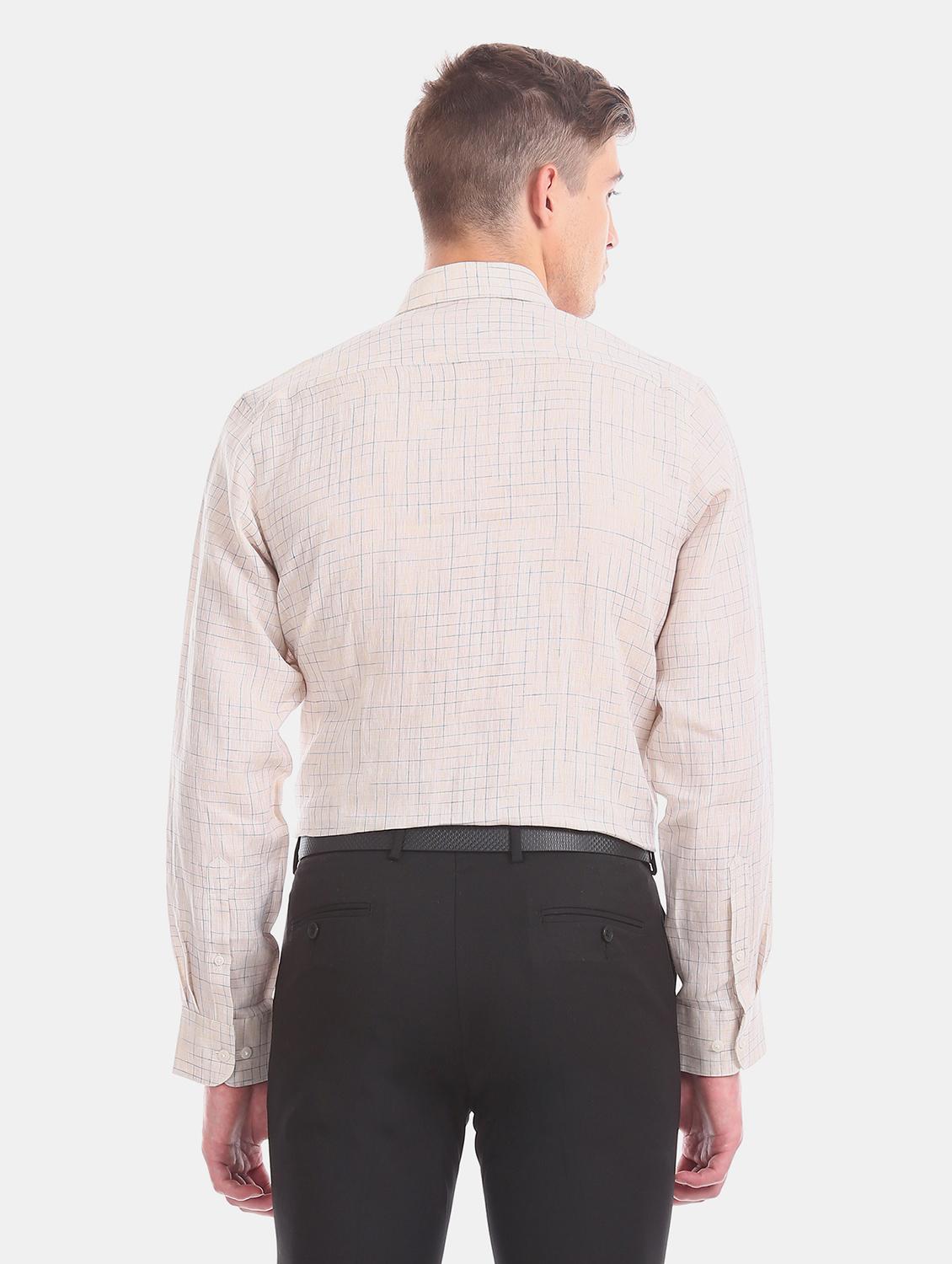 beige checkered linen formal shirt - 17618290 - Zoom Image - 3