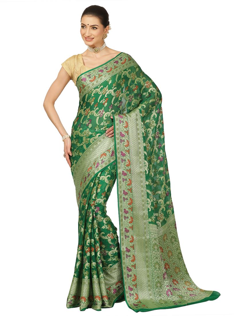 green georgette banarasi saree with blouse - 17619715 - Zoom Image - 1