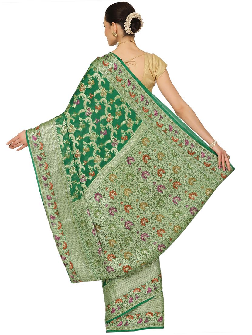 green georgette banarasi saree with blouse - 17619715 - Zoom Image - 2