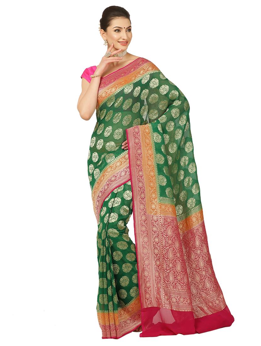 green georgette banarasi saree with blouse - 17619726 - Zoom Image - 1