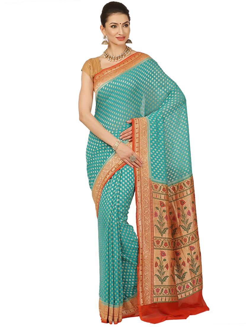 green georgette banarasi saree with blouse - 17619732 - Zoom Image - 1