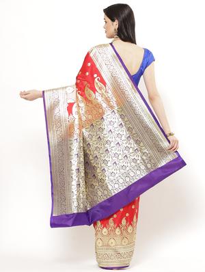 red satin banarasi saree with blouse - 17619820 - Standard Image - 2