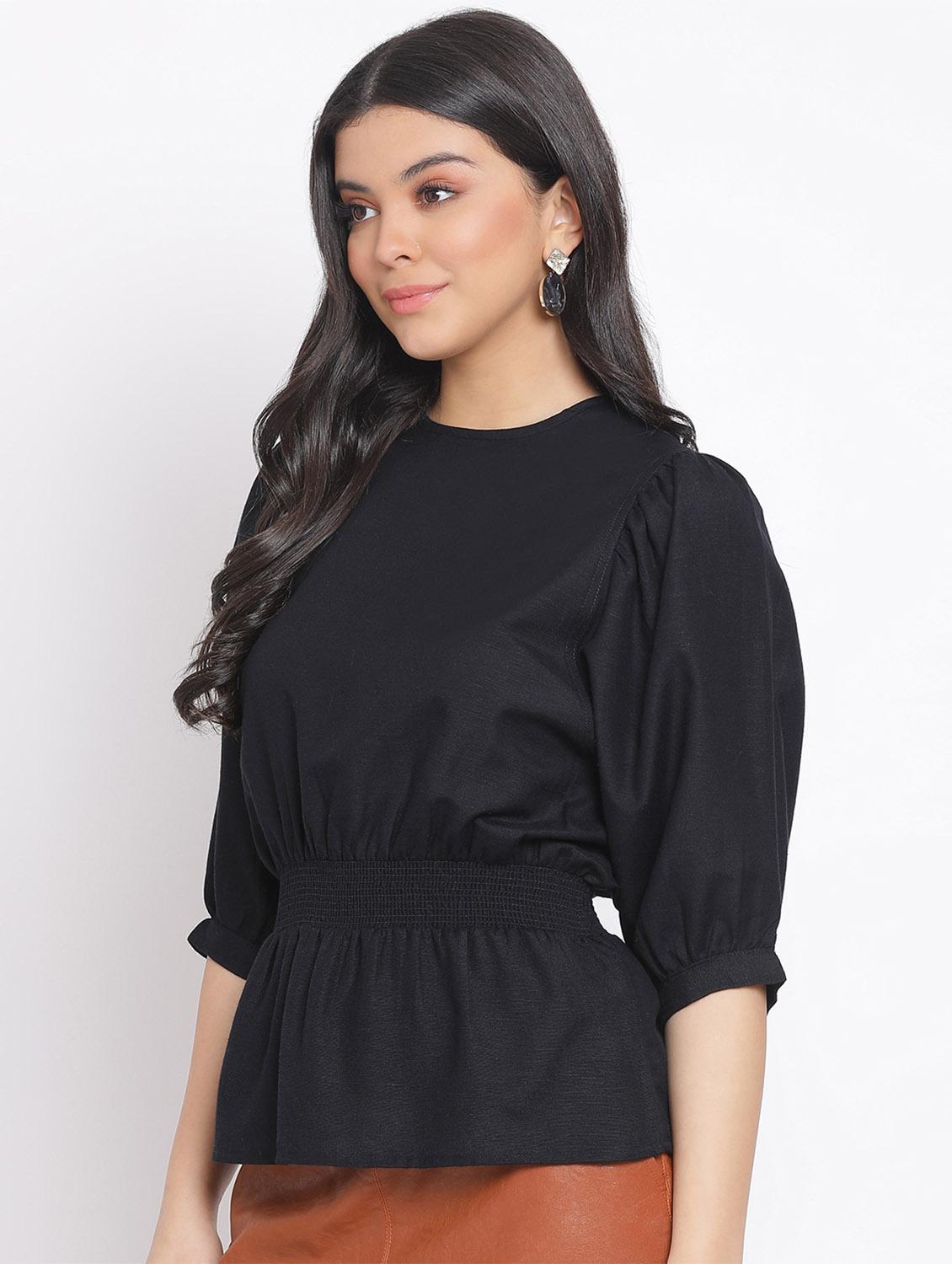 smocked waist solid top - 17620649 - Zoom Image - 2