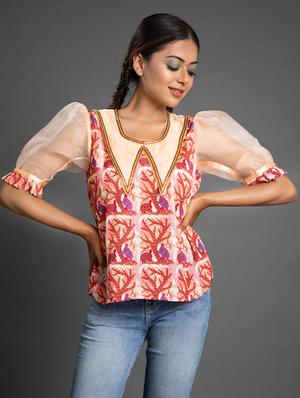 puff sleeves printed top - 17622683 - Standard Image - 2