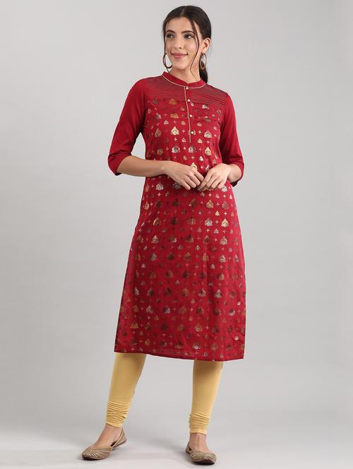 red viscose straight kurta - 17622729 - Standard Image - 1