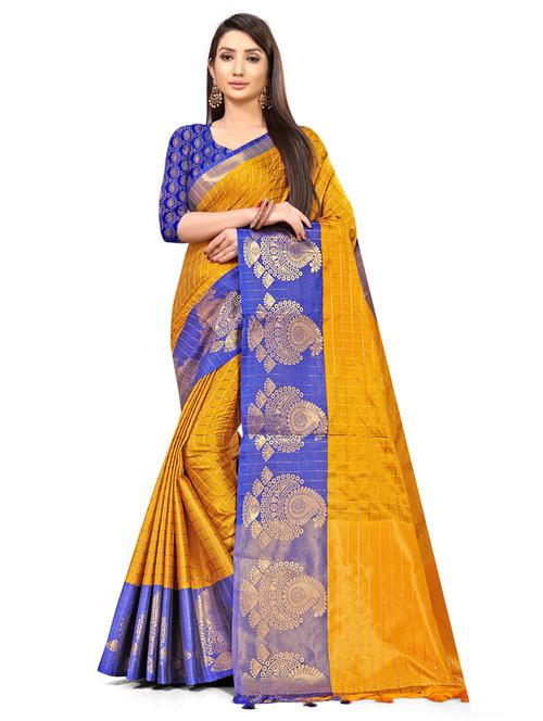mustard silk blend banarasi saree with blouse - 17623266 - Standard Image - 1