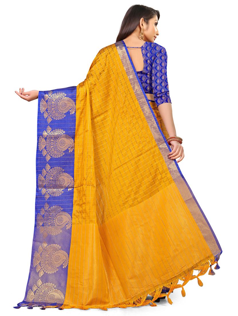 mustard silk blend banarasi saree with blouse - 17623266 - Zoom Image - 2