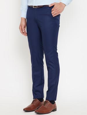 blue solid flat front formal trousers - 17623966 - Standard Image - 2