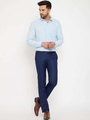 blue solid flat front formal trousers - 17623966 - Standard Image - 4