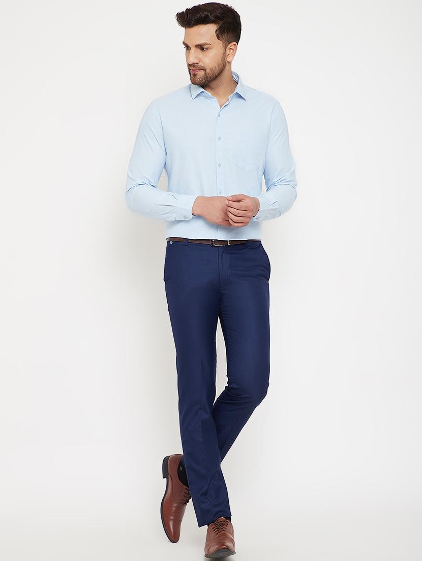 blue solid flat front formal trousers - 17623966 - Zoom Image - 4