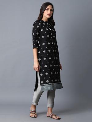 black cotton straight kurta - 17627087 - Standard Image - 2