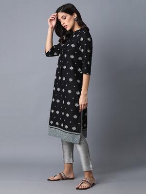 black cotton straight kurta - 17627087 - Standard Image - 3
