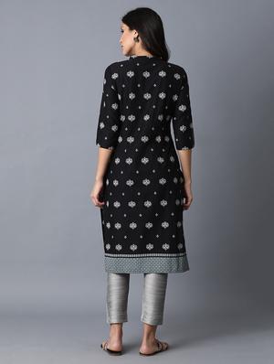 black cotton straight kurta - 17627087 - Standard Image - 4