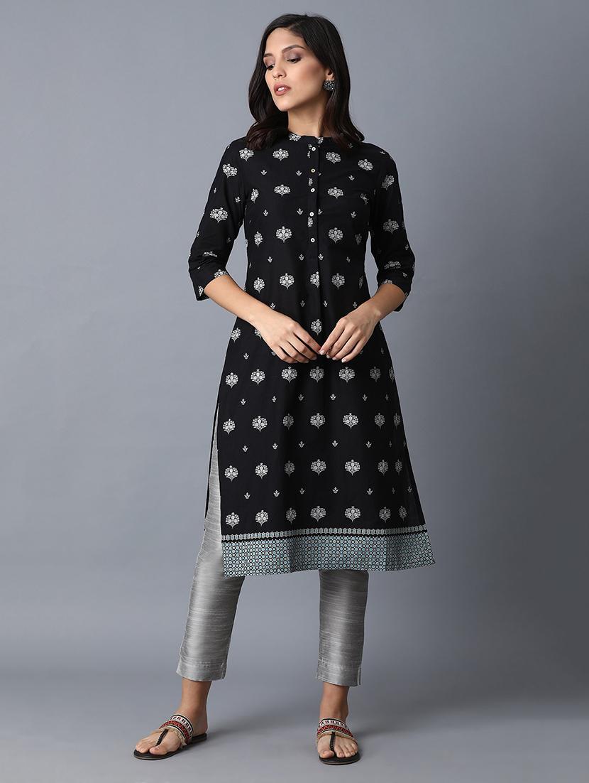 black cotton straight kurta - 17627087 - Zoom Image - 1