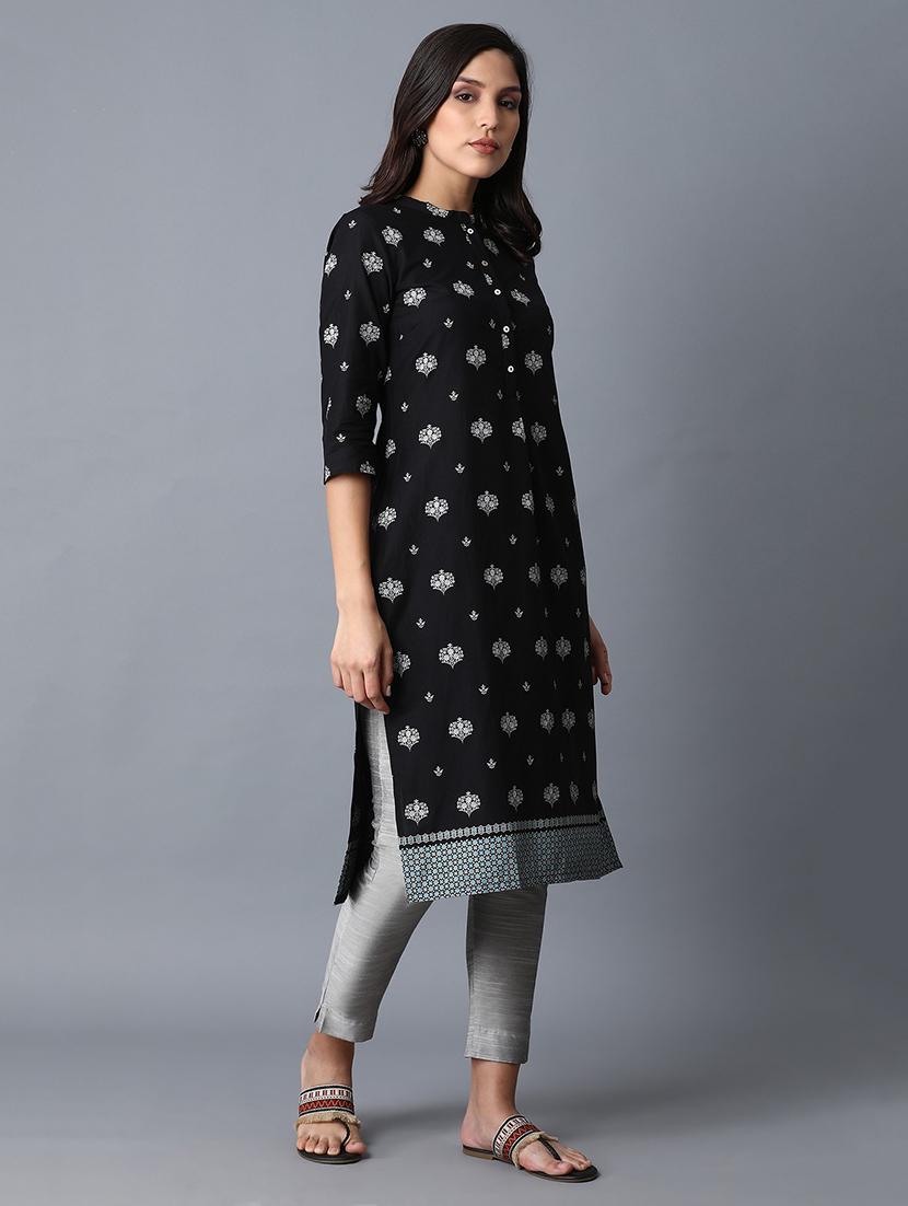 black cotton straight kurta - 17627087 - Zoom Image - 2