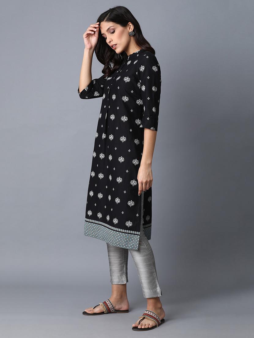 black cotton straight kurta - 17627087 - Zoom Image - 3