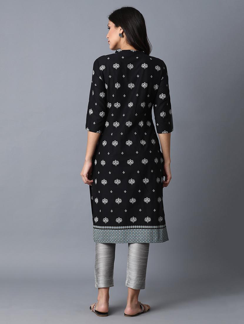 black cotton straight kurta - 17627087 - Zoom Image - 4