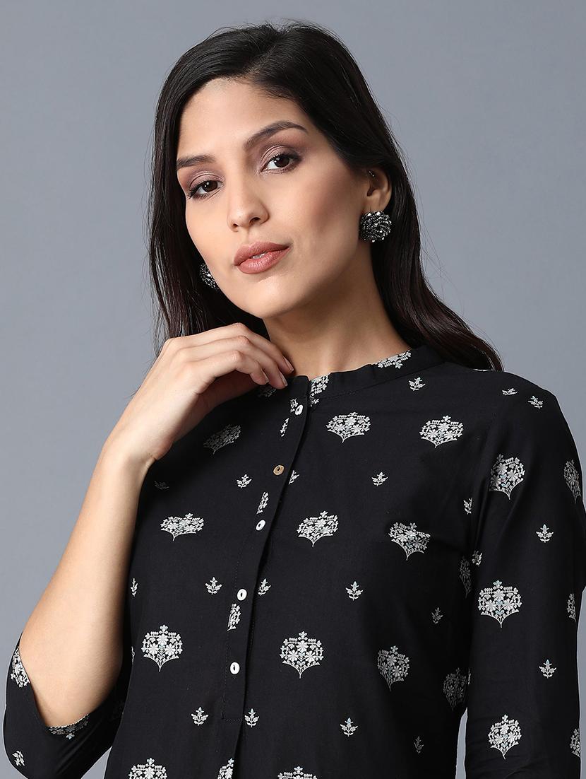black cotton straight kurta - 17627087 - Zoom Image - 5