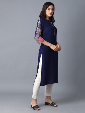 blue viscose straight kurta - 17627101 - Standard Image - 3