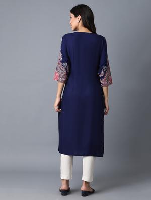 blue viscose straight kurta - 17627101 - Standard Image - 4