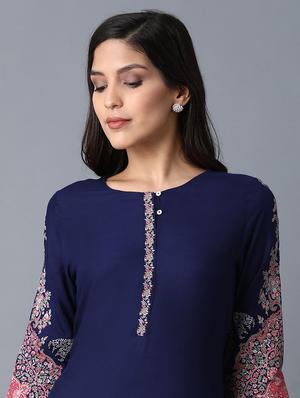 blue viscose straight kurta - 17627101 - Standard Image - 5