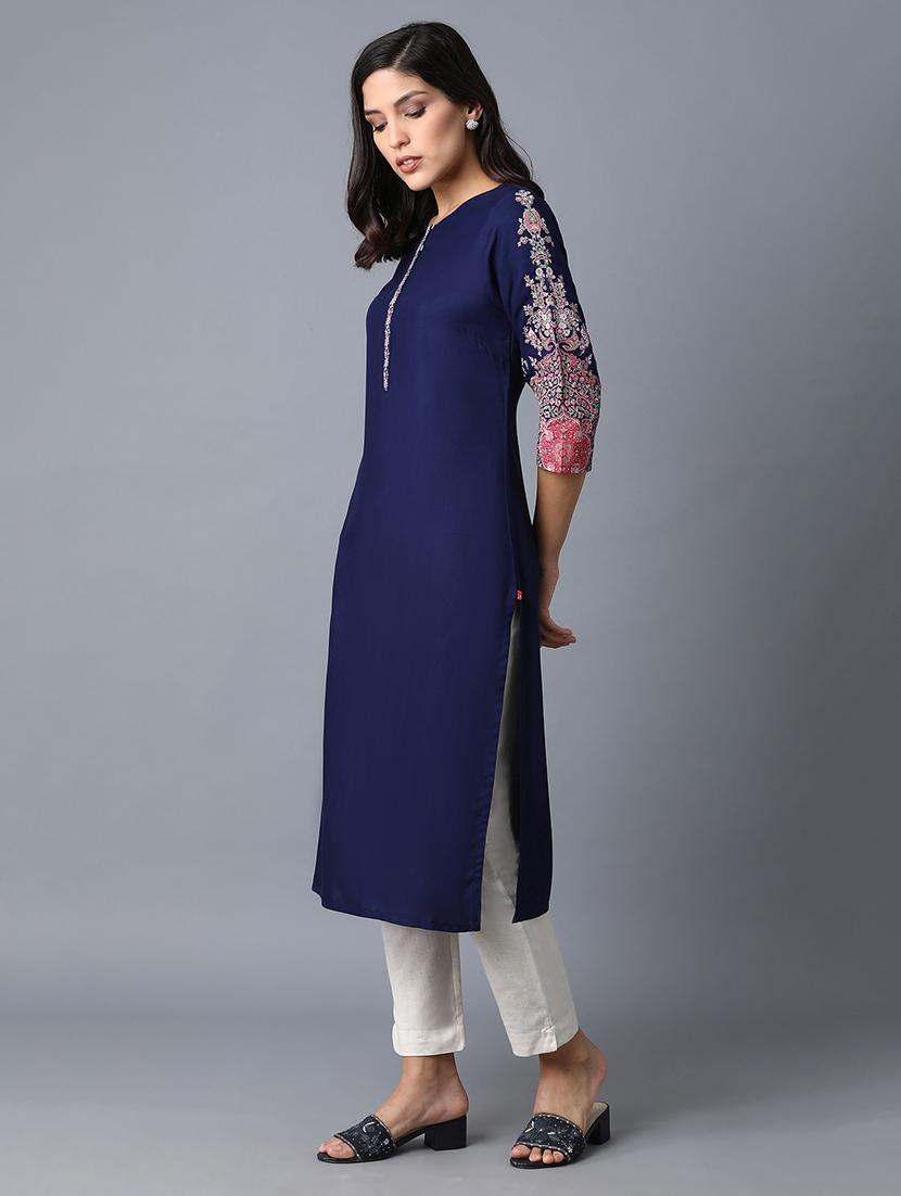 blue viscose straight kurta - 17627101 - Zoom Image - 2