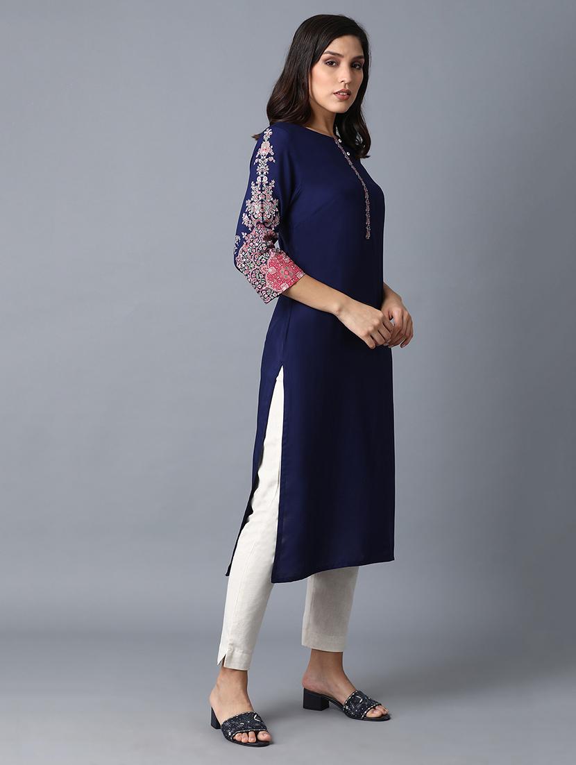 blue viscose straight kurta - 17627101 - Zoom Image - 3