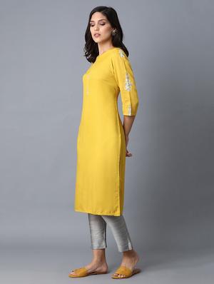 yellow viscose straight kurta - 17627103 - Standard Image - 3