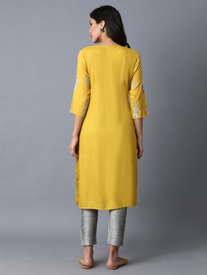 yellow viscose straight kurta - 17627103 - Standard Image - 4