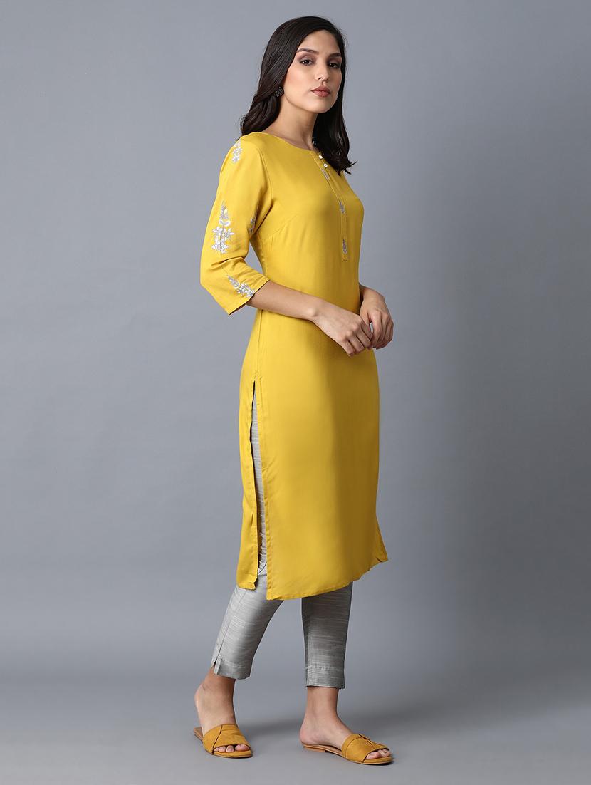 yellow viscose straight kurta - 17627103 - Zoom Image - 2