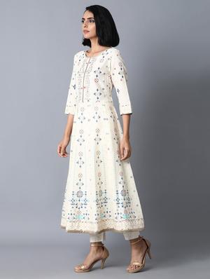 beige cotton blend flared kurta - 17627150 - Standard Image - 2