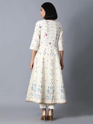 beige cotton blend flared kurta - 17627150 - Standard Image - 4