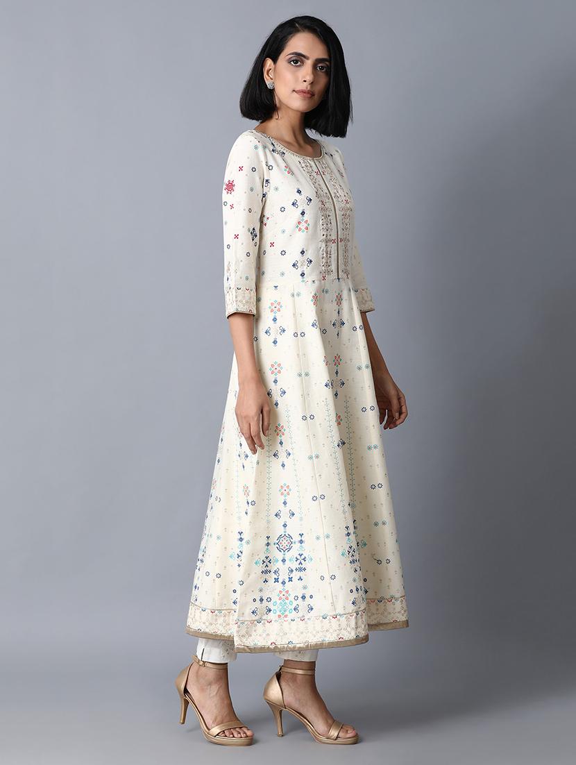 beige cotton blend flared kurta - 17627150 - Zoom Image - 3