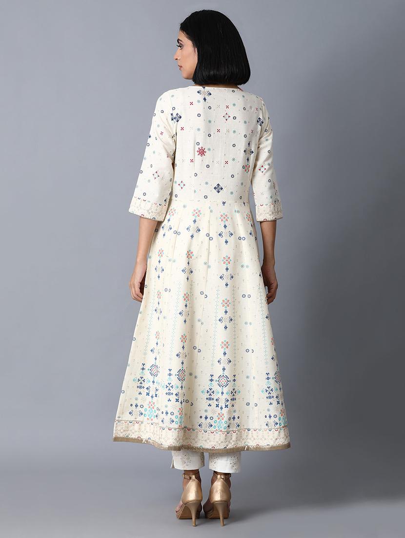 beige cotton blend flared kurta - 17627150 - Zoom Image - 4