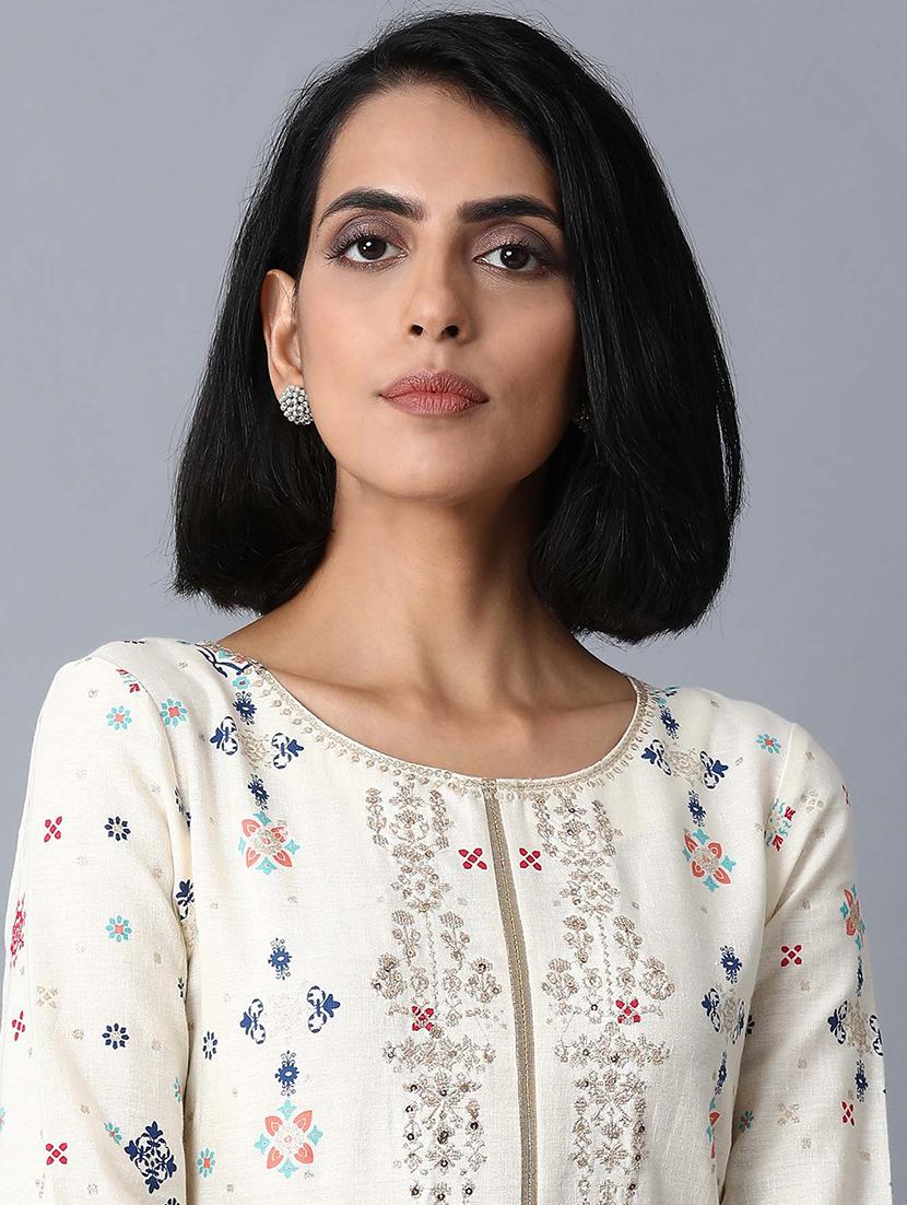 beige cotton blend flared kurta - 17627150 - Zoom Image - 5