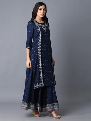 blue viscose straight kurta - 17627151 - Standard Image - 3