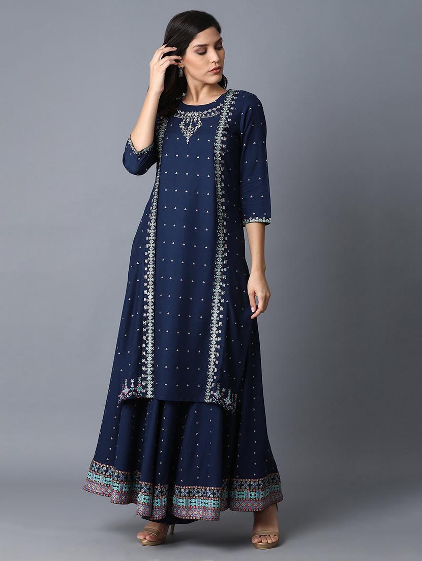 blue viscose straight kurta - 17627151 - Zoom Image - 1