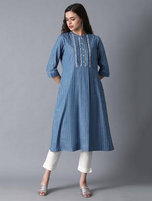 blue cotton aline kurta - 17627169 - Standard Image - 2
