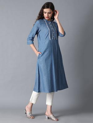 blue cotton aline kurta - 17627169 - Standard Image - 3