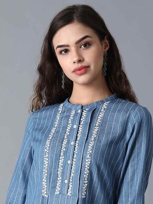 blue cotton aline kurta - 17627169 - Standard Image - 5